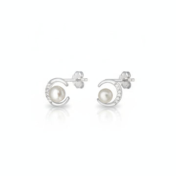 Sterling Silver 925 Pearl Moon Stud Earrings