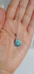 Sterling Silver Sailboat Blue Lab Opal Necklace - view 7