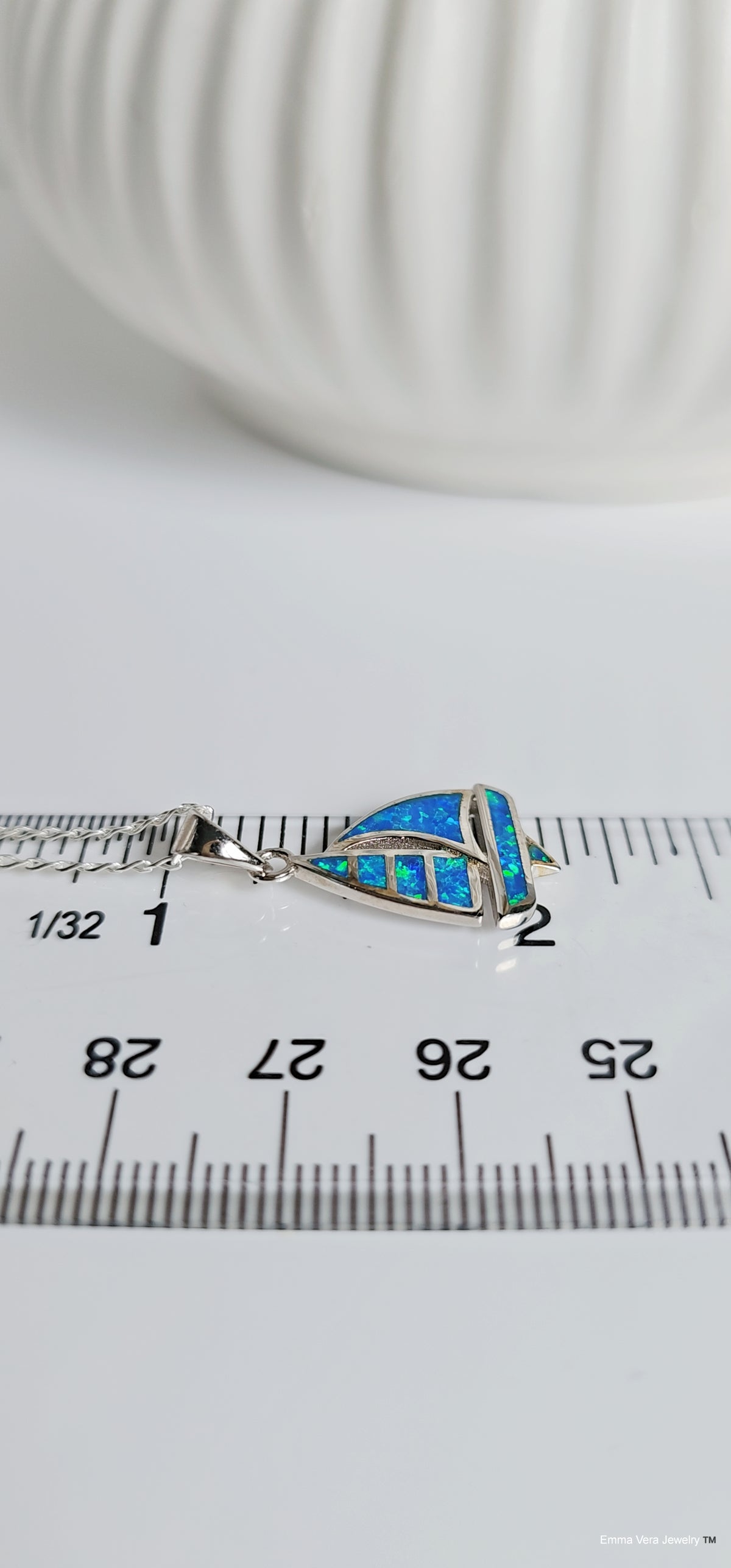 Sterling Silver Sailboat Blue Lab Opal Necklace - view 2