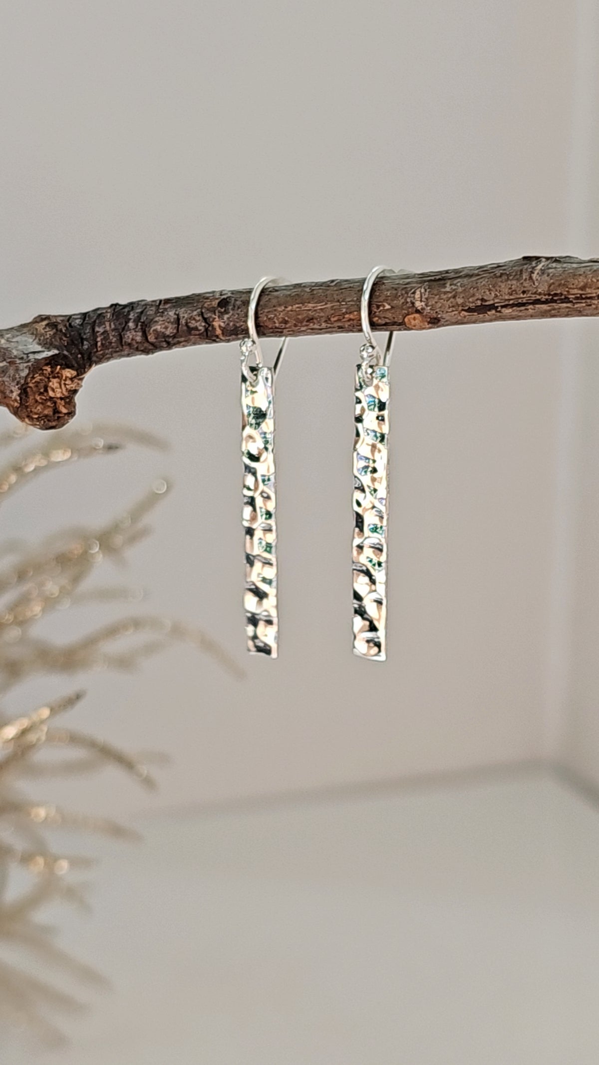Sterling Silver 925 Lite Hammered Drop Bar Earrings - view 3