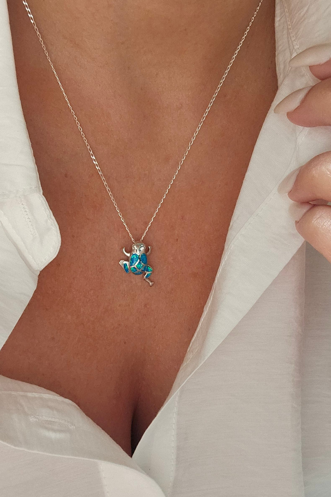 Sterling Silver Blue Opal Frog Pendant Necklace