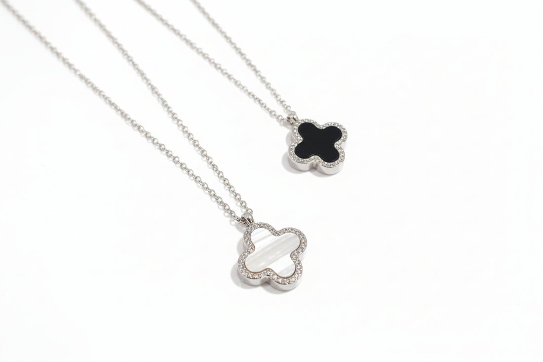 Silver Mother of Pearl, Black Clover Necklace