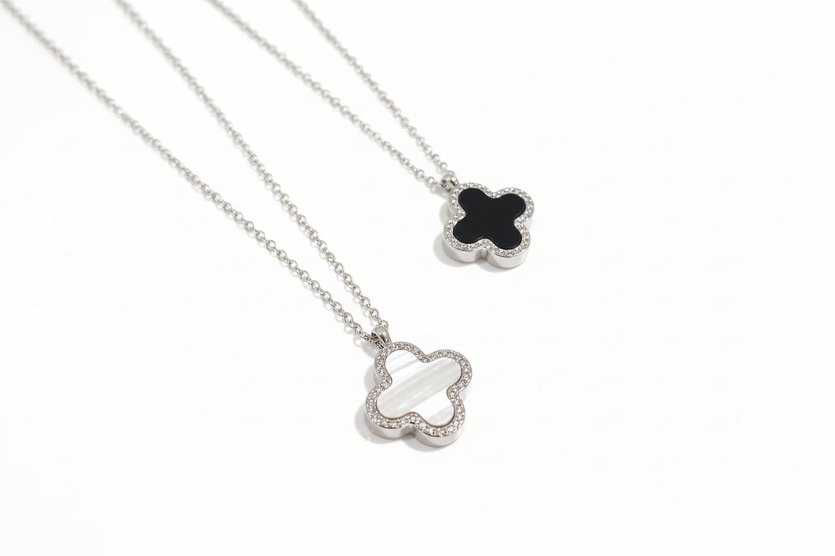 Silver Mother of Pearl, Black Clover Necklace