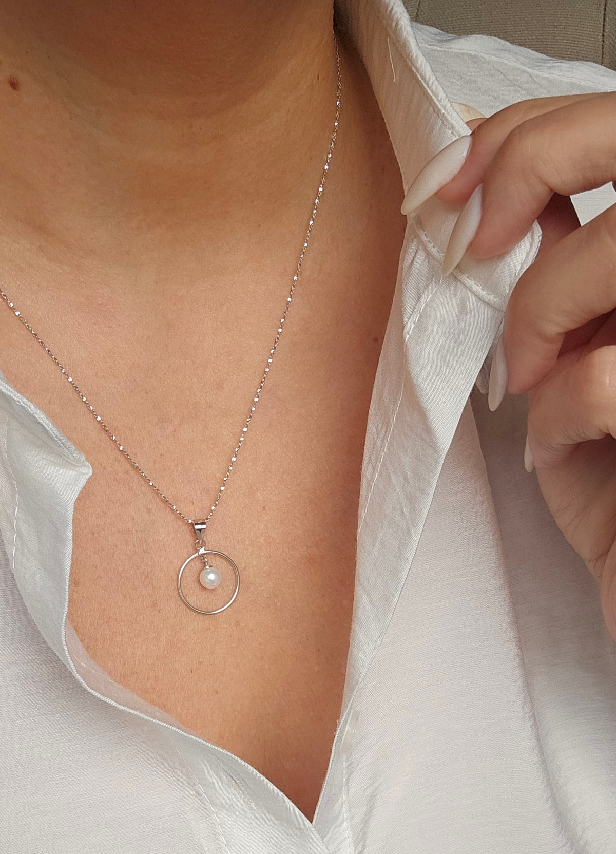 Solitaire Halo Pearl Sterling Silver Necklace - view 4