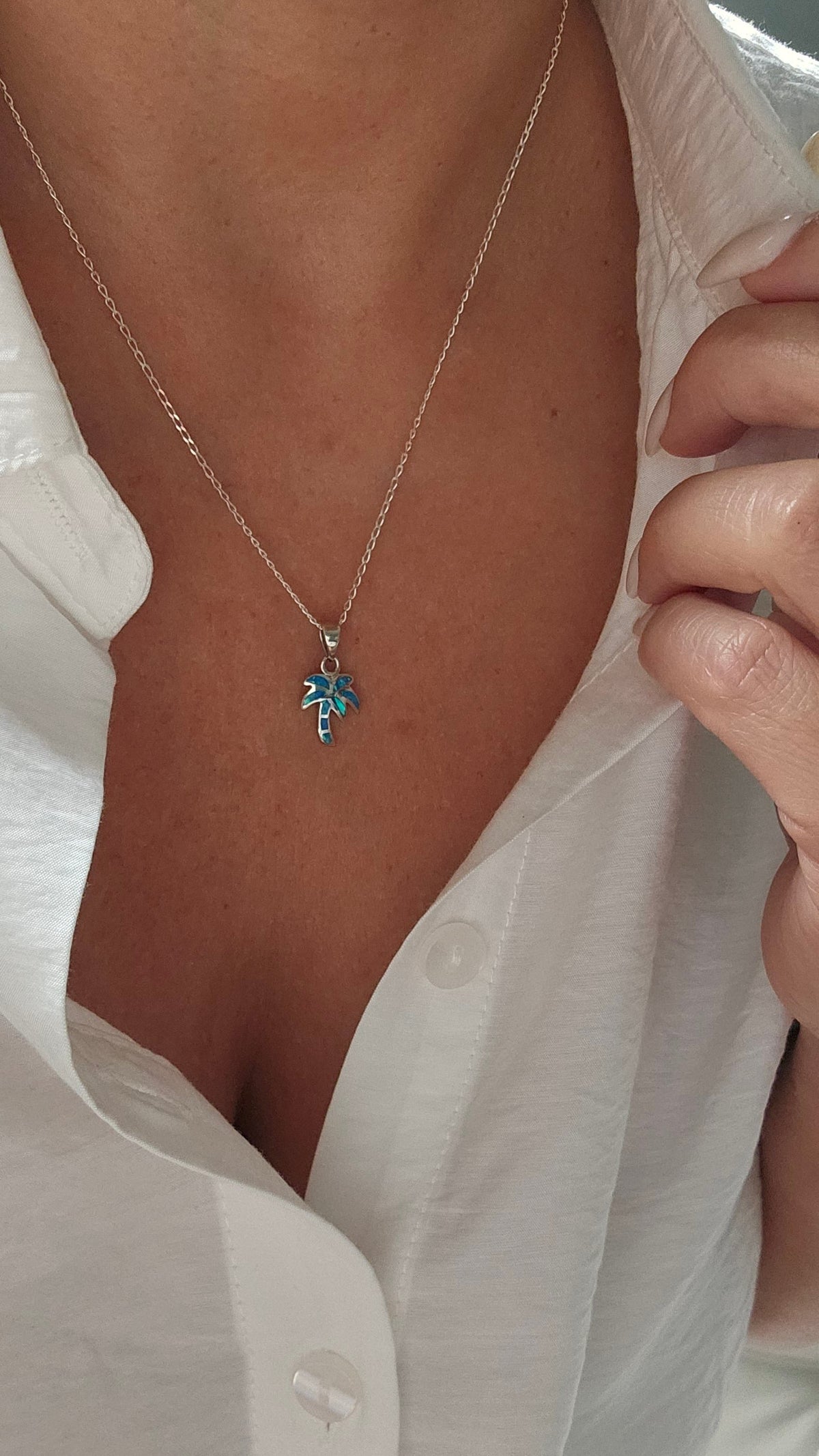 Sterling Silver Palm Tree Blue Blue Opal Pendant Necklace - view 8