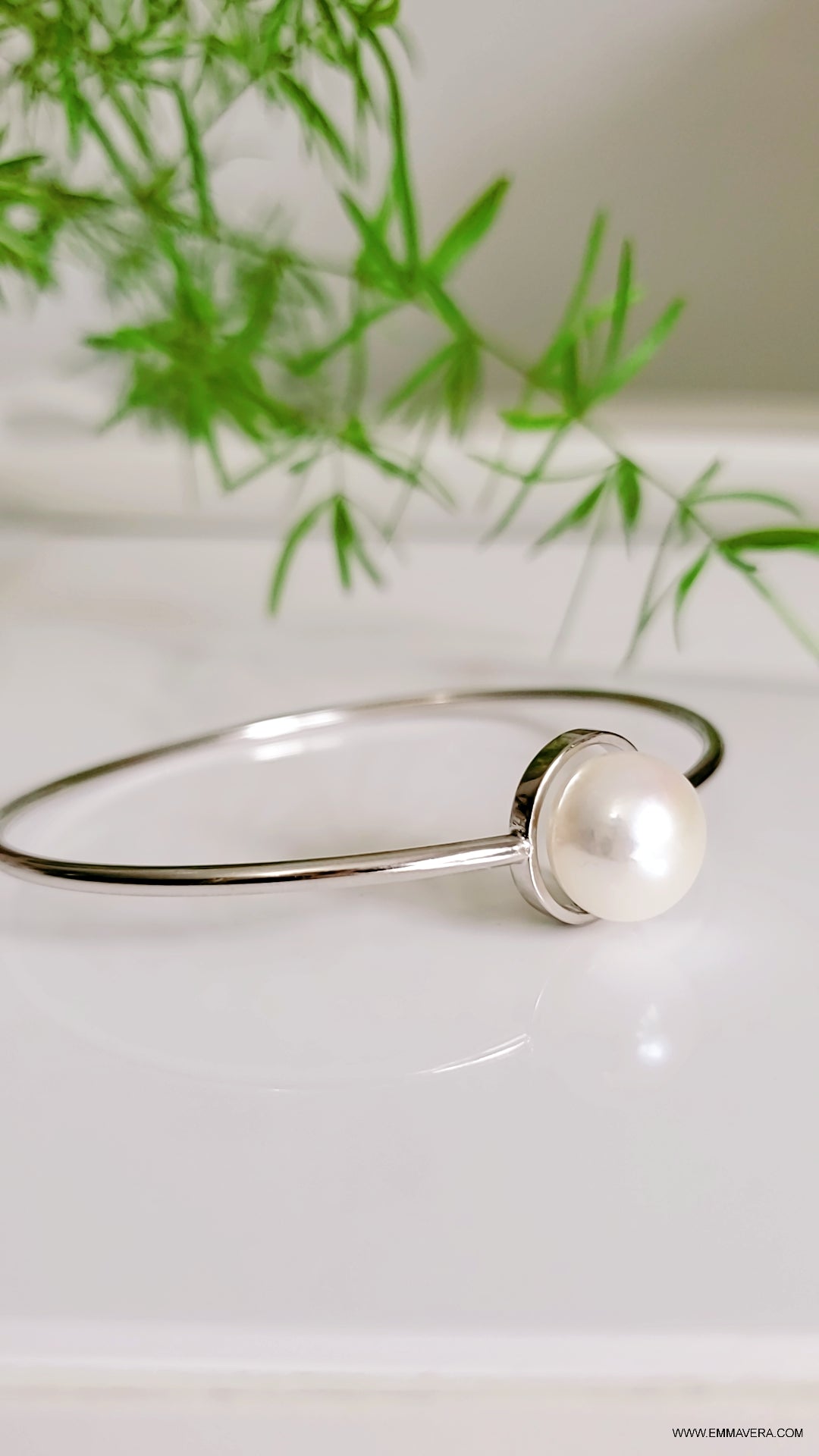 Sterling Silver Floating Pearl Bangle Bracelet - view 4