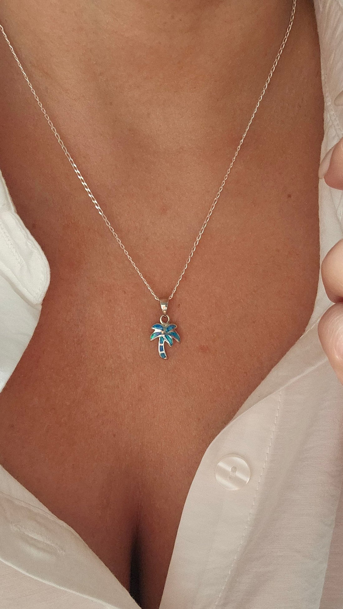 Sterling Silver Palm Tree Blue Blue Opal Pendant Necklace