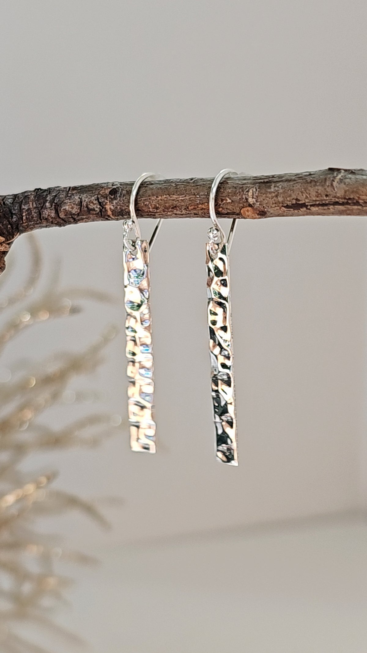Sterling Silver 925 Lite Hammered Drop Bar Earrings - view 2