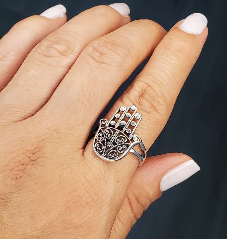 Sterling Silver Vintage Hamsa Protection Ring - view 2