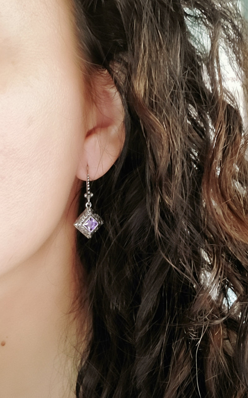 Sterling Silver Bali Square Amethyst Earrings - view 4