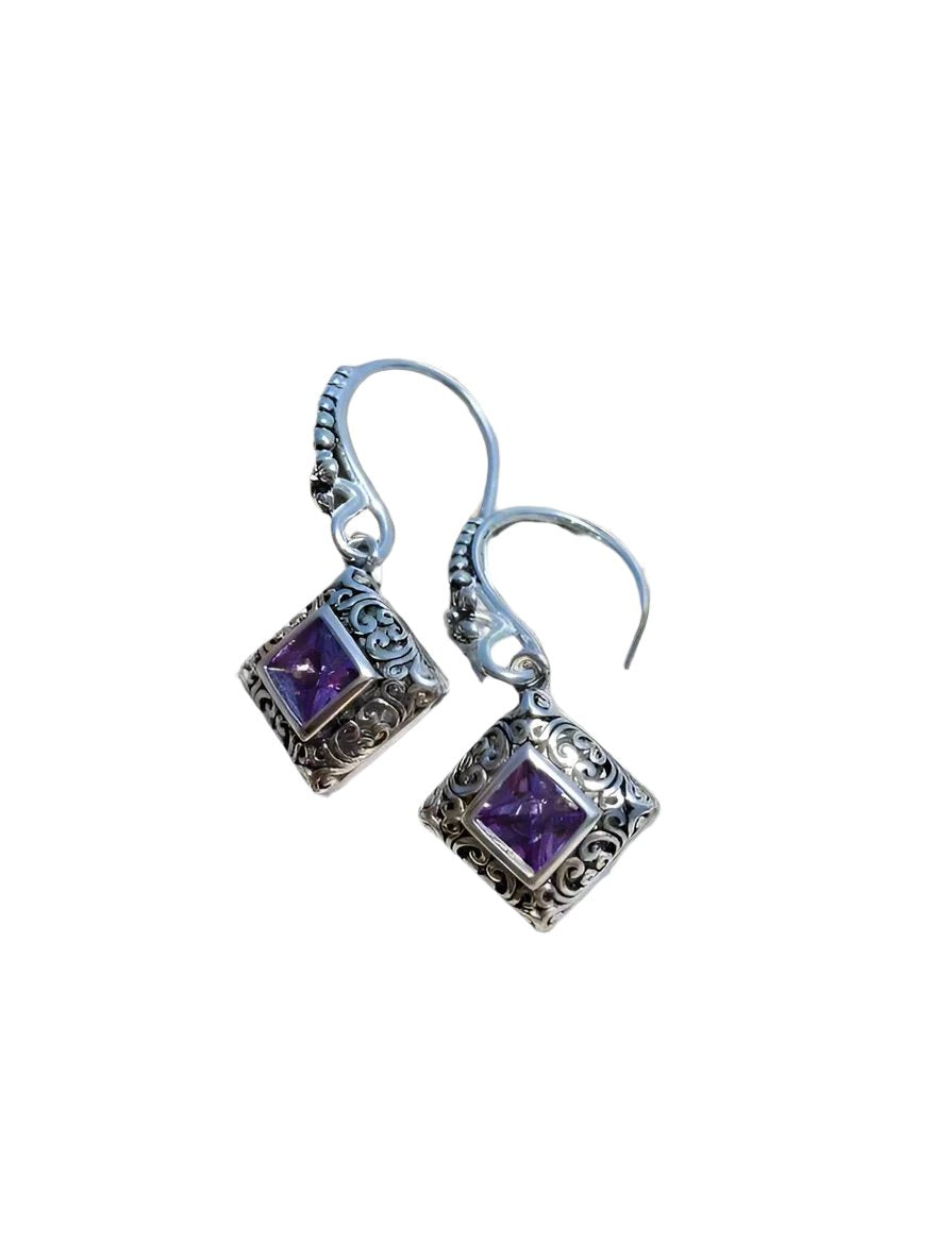 Sterling Silver Bali Square Amethyst Earrings - view 5