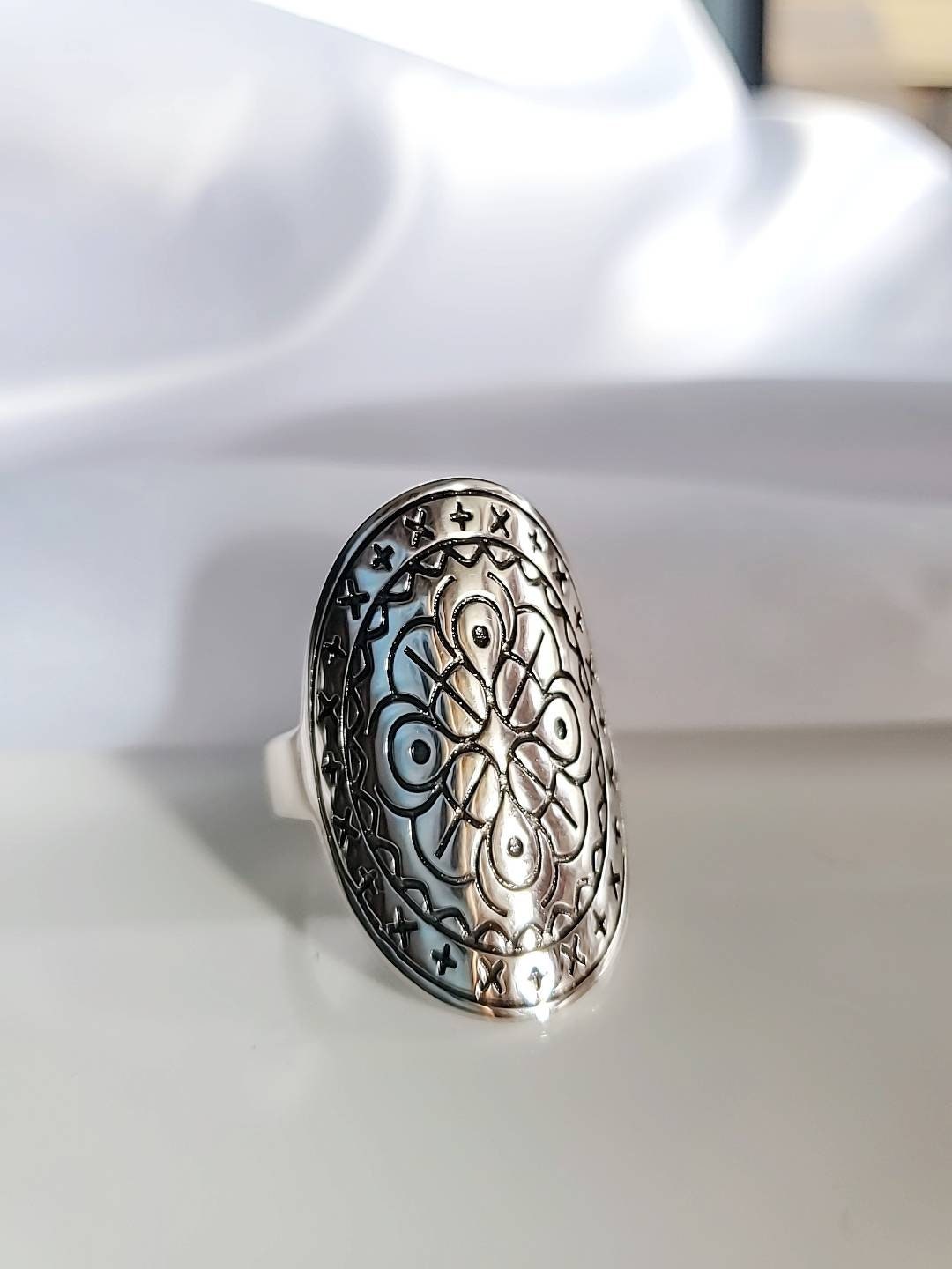 Shield Sterling Silver Ring, Bohemian Large Ring - view 4