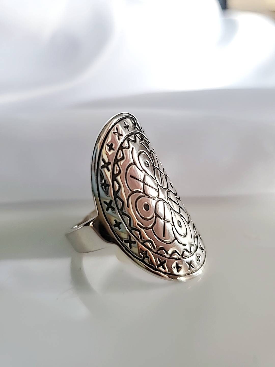Shield Sterling Silver Ring, Bohemian Large Ring - view 2