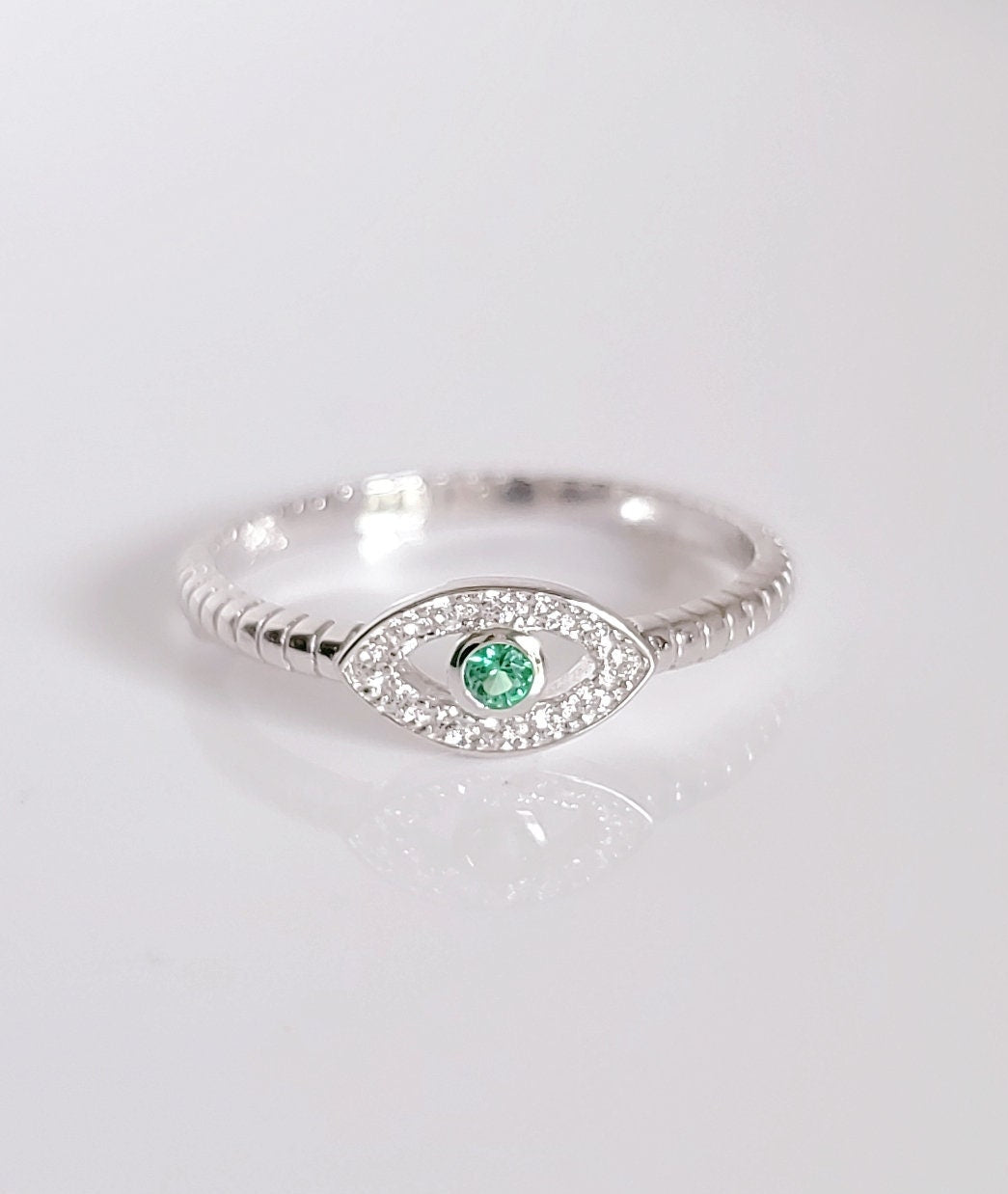 Sterling Silver Emerald Protection Eye Ring